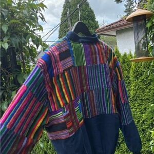 Vibrant Blue Bomber Jacket with Multicoloured Stripes